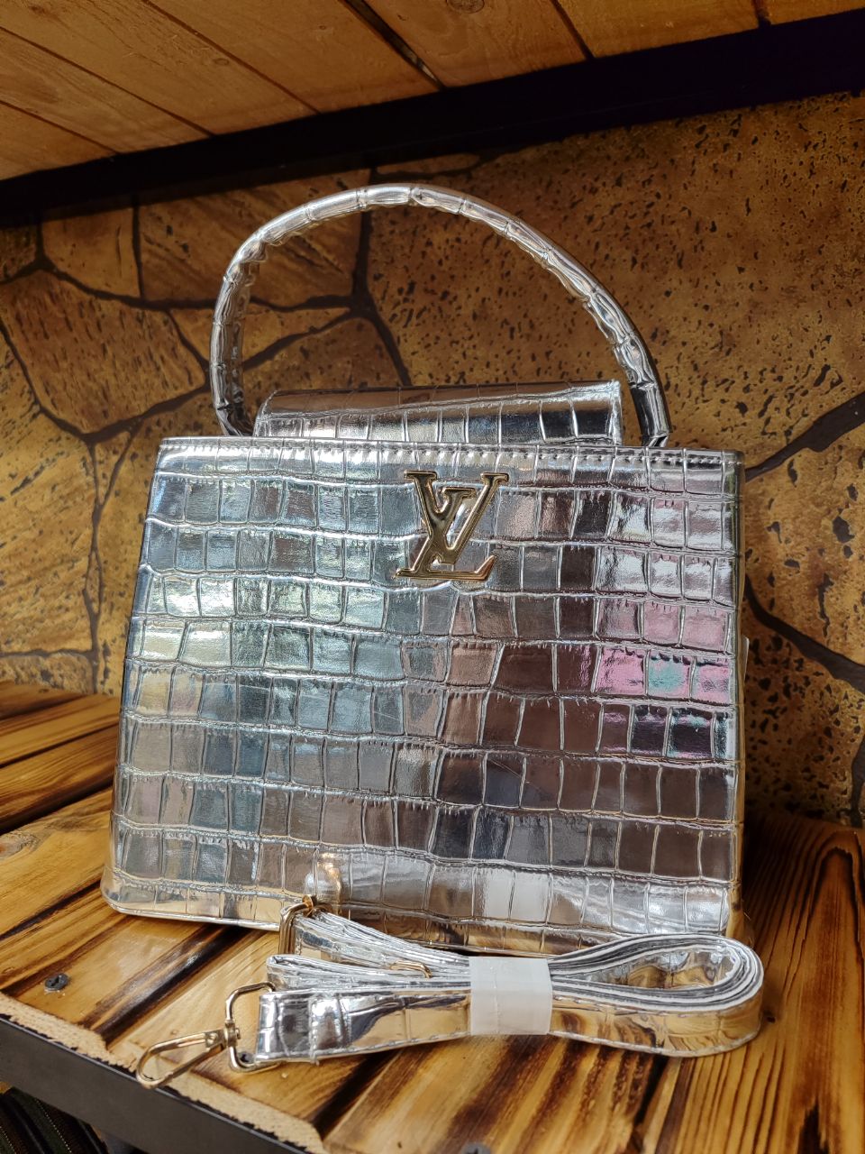 کیف چرم مصنوعی وارداتی صندوقی نقره ای مجلسی